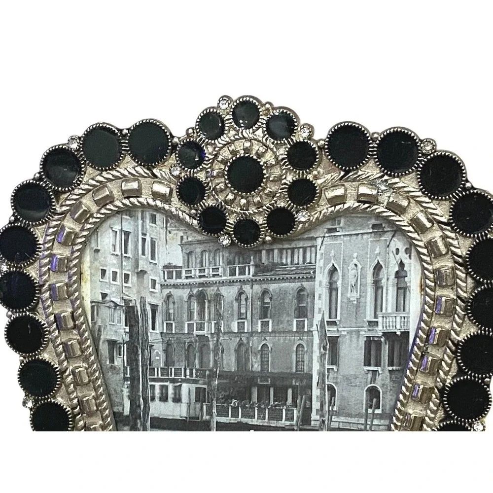 Vintage Ornate Silver Tone Black Jeweled 4x6 Picture‎ Frame Rhinestone Tabletop